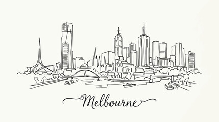 Naklejka premium Minimalist Line Art Illustration of Melbourne's Iconic Skyline and Landmarks with Elegant Handwritten Typography