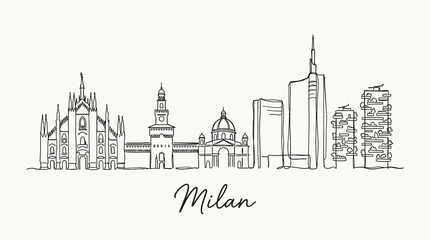 Obraz premium Minimalist Line Drawing of Milan Skyline Featuring Historic and Modern Architecture