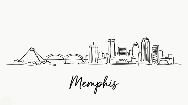 Minimalist Line Art Illustration of Memphis City Skyline with Iconic Landmarks and Contemporary Buildings