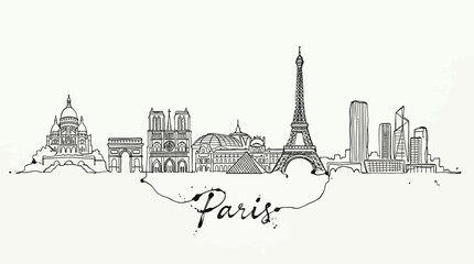 Obraz premium Minimalist digital sketch capturing iconic Parisian landmarks including the Eiffel Tower and historic architecture in a simple