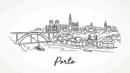 Fototapeta premium Elegant minimalist line drawing of porto cityscape with historic architecture and river view capturing the essence of porto