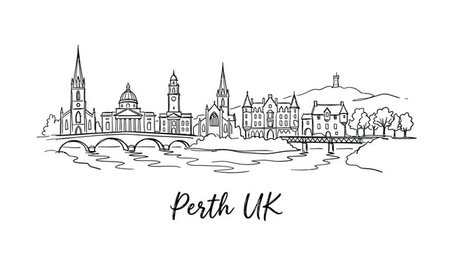 Elegant black and white line illustration capturing the historic skyline of Perth UK showcasing iconic spires and architectural