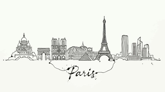 Minimalist digital sketch capturing iconic Parisian landmarks including the Eiffel Tower and historic architecture in a simple