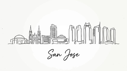 Fototapeta premium Minimalist line art illustration of the diverse and dynamic skyline of San Jose showcasing iconic city architecture and urban
