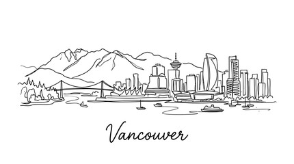 Obraz premium Minimalist Line Drawing of Vancouver City Skyline with Mountains and Water Body