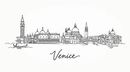 Obraz premium Minimalist Line Drawing Depicting Venice City Skyline Featuring Landmark Structures and Its Iconic Atmosphere