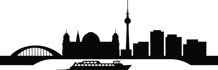 Fototapeta premium City skyline silhouette with bridge, tower, buildings, and boat in outline style