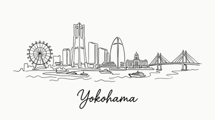 Naklejka premium Minimalist Line Drawing of Yokohama City Skyline Featuring Iconic Landmarks and Waterfront