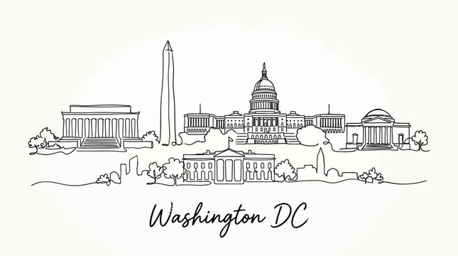 Minimalist Line Drawing Capturing Iconic Washington DC Landmarks with Elegant Simplicity