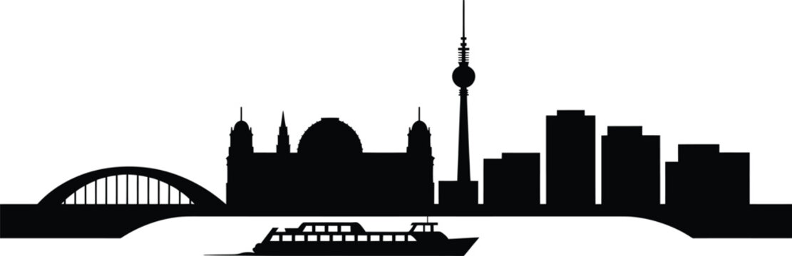 City skyline silhouette with bridge, tower, buildings, and boat in outline style