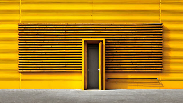 A vivid yellow entrance wall with horizontal timber slats and a minimalist design