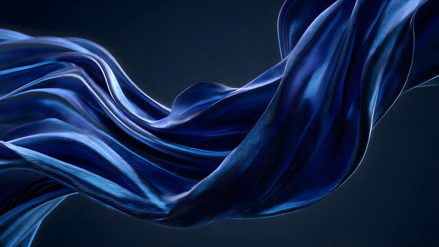 Flowing deep navy and indigo silk fabric suspended in mid-air, captured with realistic folds, light reflections, and motion