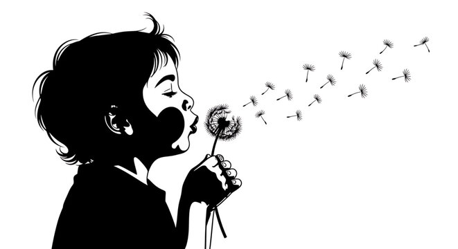 A minimalist black silhouette illustration of a child blowing dandelion seeds into the air