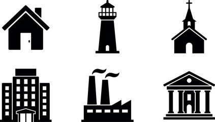 Naklejka premium Black and white silhouette icons of house lighthouse church factory bank and building