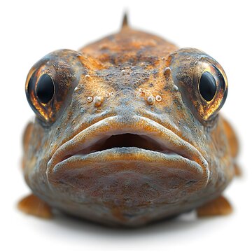 Close up portrait of a sculpin fish showing intricate textures and large eyes.