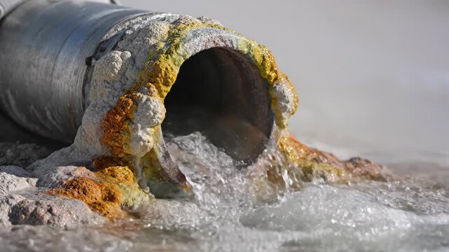 Bubbling water pipe mineral deposit rust hot spring scale flowing steam geothermal runoff encrusted rim pouring into shallow pool colorful deposits