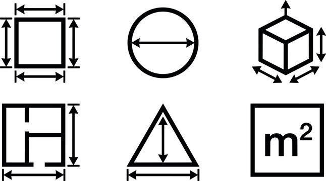 Black and white vector icons of square circle cube floor plan triangle and meter square measurement