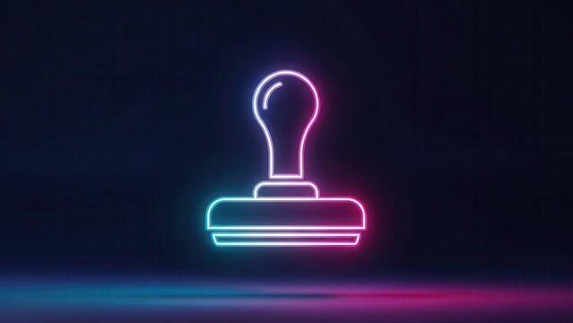 Vibrant neon outline of an official rubber stamp icon symbolizing digital approval and validation