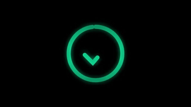 Green checkmark animates in circle on black background with neon glow. Ideal for technology, business, marketing, advertising and social media.