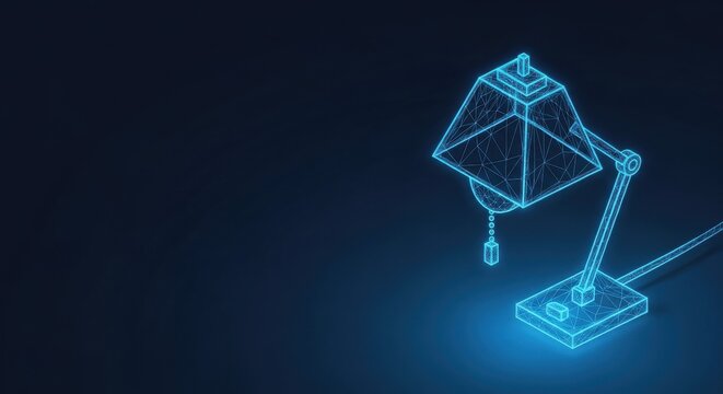 Geometric wireframe desk lamp emitting a bright blue glow against a dark background, digital concept