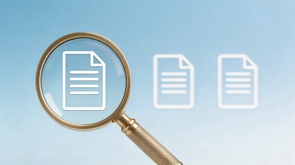 Obraz premium Magnifying glass over a document icon, symbolizing inspection, analysis, or research. Background is blue with two additional document icons. Represents business, office, and information processing.