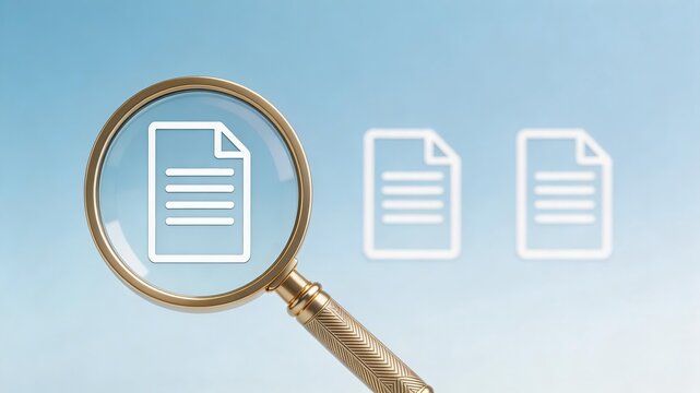 Magnifying glass over a document icon, symbolizing inspection, analysis, or research. Background is blue with two additional document icons. Represents business, office, and information processing.