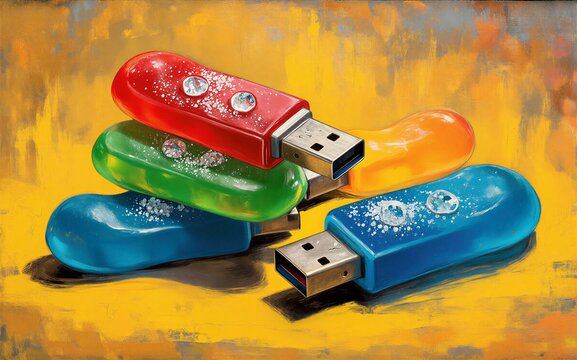 Three colorful USB drives with sparkling gems on a vibrant yellow