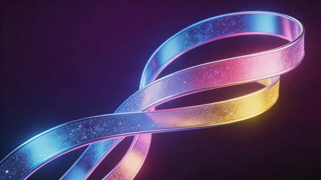 Abstract 3D render of an infinity symbol with glowing, colorful rings. Features neon gradient, sparkling texture, and modern design elements, ideal for futuristic concepts.