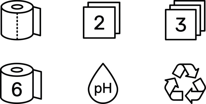 Line art toilet paper rolls numbering ph water drop and recycling icons