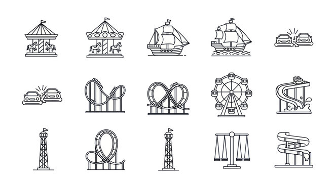 Amusement Park Icons: Carousel, Rollercoaster, Ferris Wheel, Ship, Tower, Water Slide, Cars