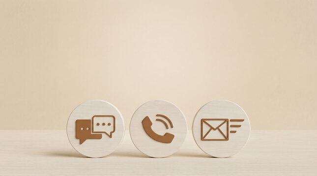 Minimalist Wooden Contact Us Icons for Customer Support Communication on Beige Background for Business Website
