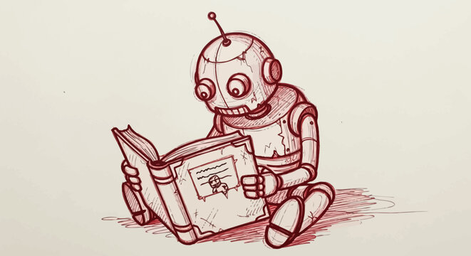 Cute robot character enthusiastically reads a book
