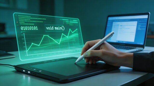 A person uses a stylus on a digital tablet, interacting with code and a graph interface, with a laptop in the background. Represents tech, programming, and digital design.