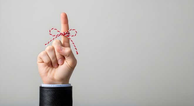 A finger with a red and white string tied around it as a reminder to remember something important.