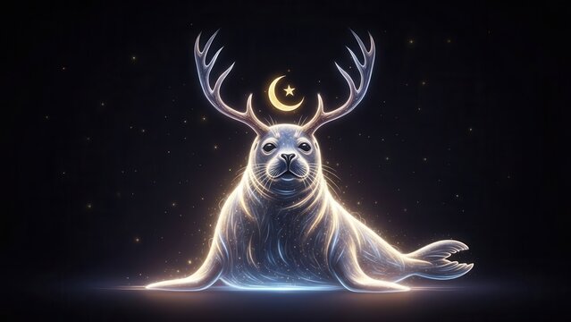 Enchanting luminescent seal with majestic antlers and celestial moon star emblem