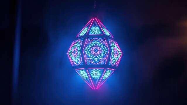 Futuristic glowing geometric lantern with intricate neon blue and pink patterns in a dark ethereal