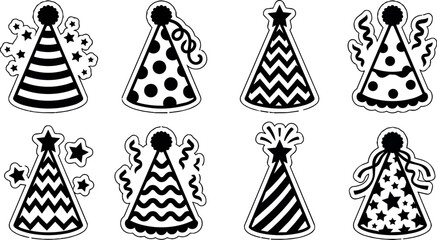 Obraz premium Black and white party hats with stars stripes and dots vector line art icons