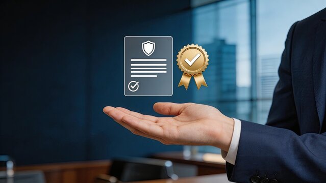 Businessman hand presenting digital document with security shield icon and golden award badge in modern corporate office symbolizing certification compliance legal agreement