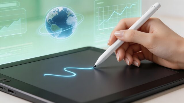 Close-up of a hand using a digital pen on a tablet, with global and graph interfaces in the background. Represents digital creativity and technology.
