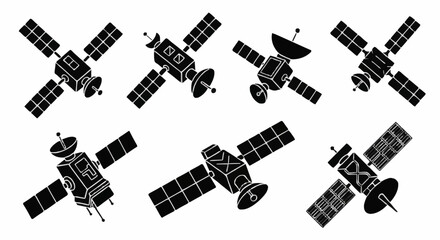 Fototapeta premium Astronot views seven satellites with antennae and solar panels in space
