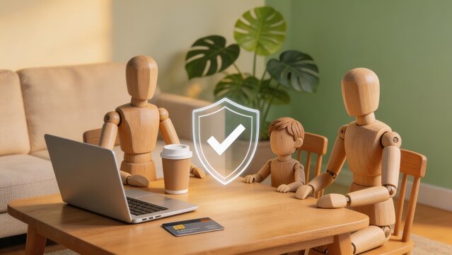 Wooden mannequins representing a family (child, adult) sit at a table with a laptop, coffee, and credit card. A shield symbol with a check mark emphasizes home/family security and protection.