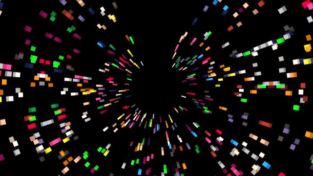 Pixelated light particles in motion on black background