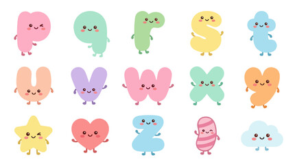 Fototapeta premium Cute Cartoon Alphabet Letters Numbers Shapes for Kids Education Learning Flat Vector Set