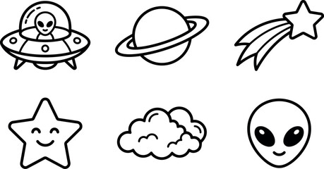 Fototapeta premium Black and white line art alien spacecraft planet cloud and star icons