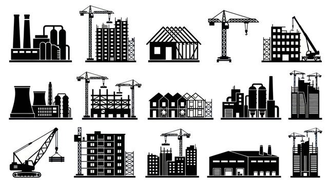 Black  White Construction Site Icons: Cranes, Buildings, Factories, Industry