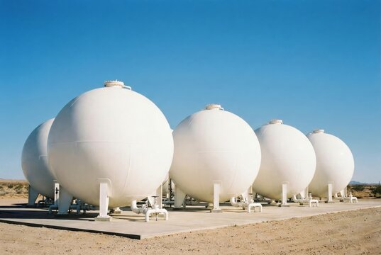 Industrial compressed air energy storage tanks with vertical structural supports in the desert
