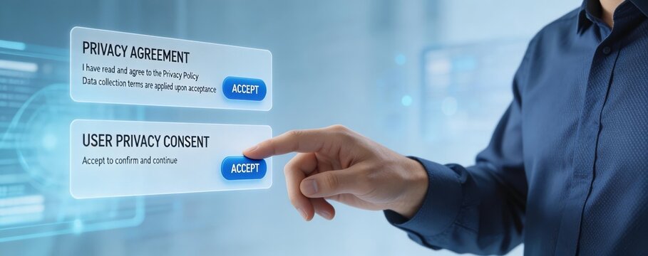 A hand points at 'Privacy Agreement' and 'User Privacy Consent' accept buttons on a digital interface, illustrating online data protection and consent mechanisms.