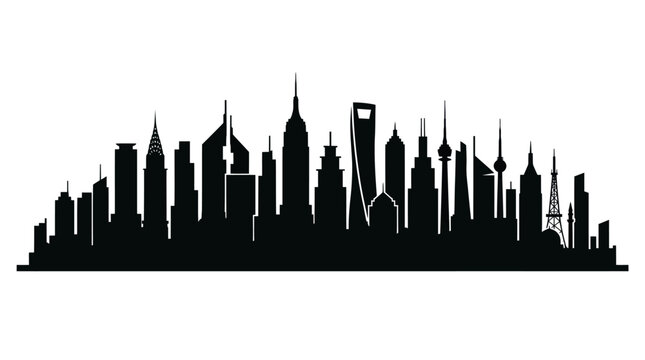 Black Silhouette Skyline of Modern City Skyscrapers, Vector Illustration