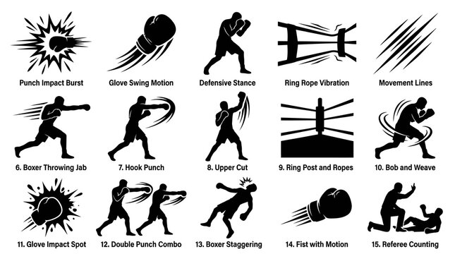 Boxing Icon Set: Punch, Glove, Ring, Referee, Fight Poses - Black and White Vector Art