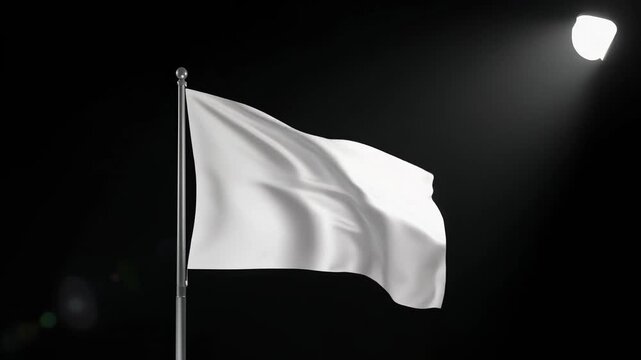 Waving White Flag Under Spotlight In Darkness.